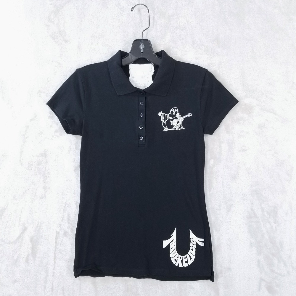 True Religion Polo‎ Shirt Womens Large Black Buddha World Tour Graphic Cotton